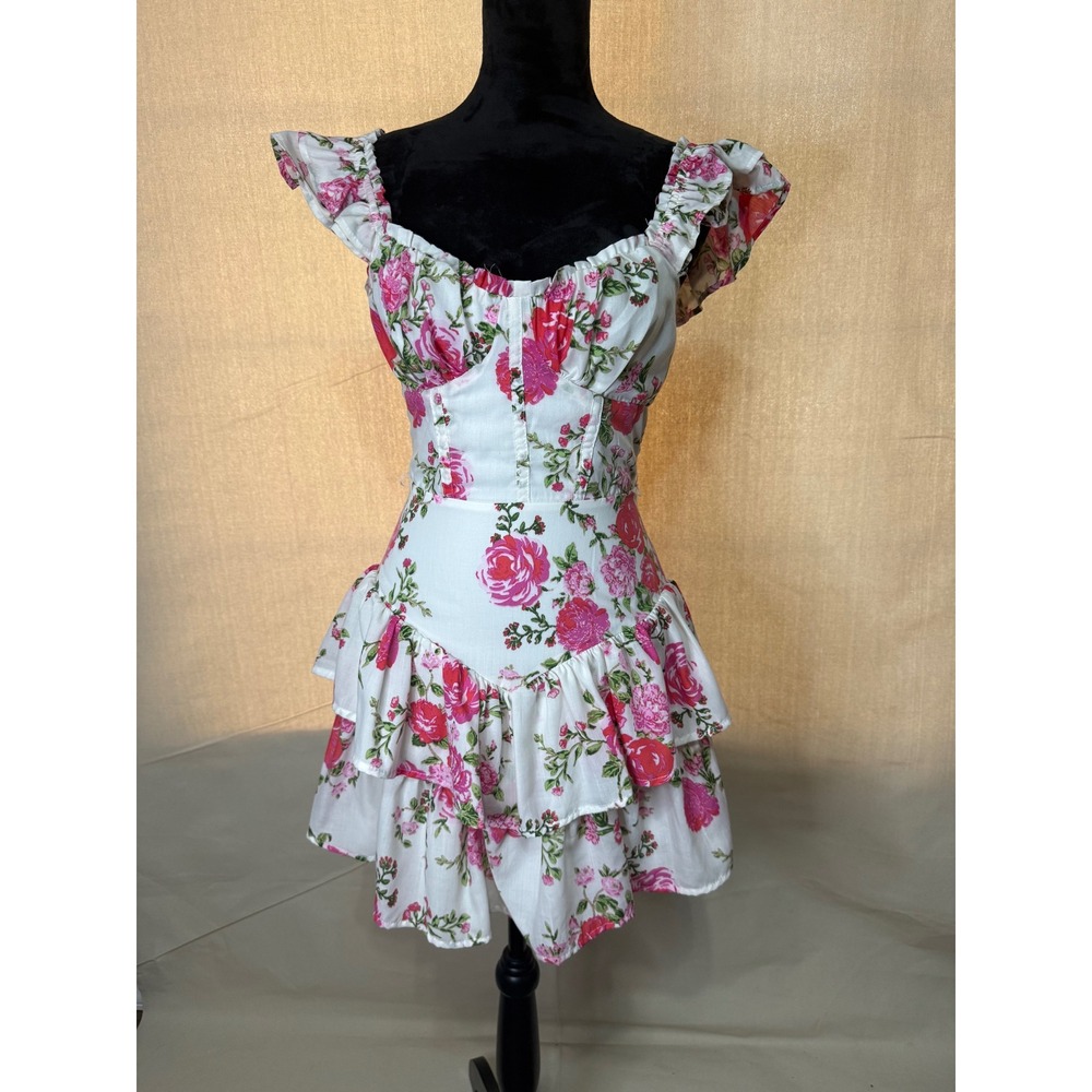 Crystal Doll Pink Rose Floral Ruffle Tiered Corset Mini Dress White Small